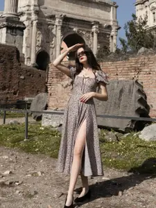 StyleCast Beige Floral Printed Puff Sleeves A-Line Midi Dress