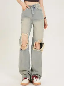 StyleCast Women Cotton Baggy Highly Distressed Light Fade Jeans