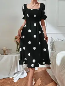 StyleCast Black & White Polka Dots Puff Sleeves Midi Dress
