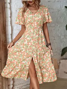 StyleCast x Revolte Yellow Floral Print Flared Sleeve Fit & Flare Dress