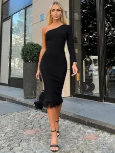 StyleCast Black One Shoulder Fringed Sheath Dress