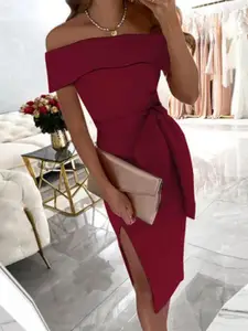 bebe Sheath Off-Shoulder Midi Dress