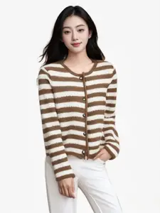 StyleCast Women Striped Round Neck Long Sleeves Front-Open Sweaters