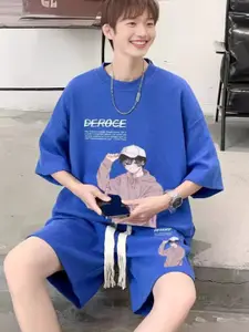 StyleCast Blue Printed Round Neck Short Sleeves Casual T-Shirt With Shorts