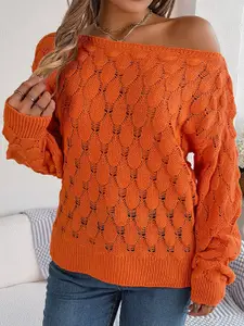 StyleCast Orange Open Knit Self Design Acrylic Pullover Sweater