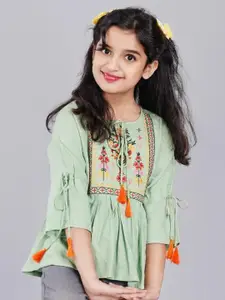 DMP FASHION  Girl Floral Embellished Tie-Up Neck Bell Sleeve Top