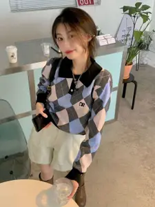 StyleCast Women Checked Lapel Collar Long Sleeves Pullover