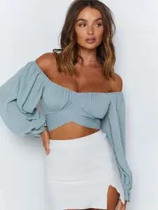 StyleCast Blue Off-Shoulder Puff Sleeve Bardot Crop Top