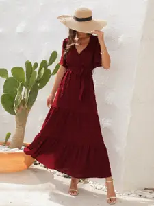 StyleCast Magenta Solid Flared Sleeves Maxi Dress