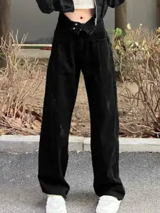 StyleCast Women Straight Fit High-Rise Low Distress Cotton Jeans