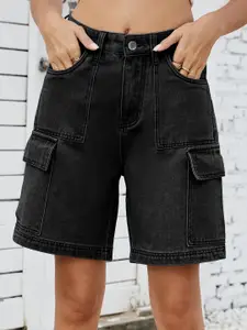 StyleCast Women Charcoal Solid Cargo Denim Shorts