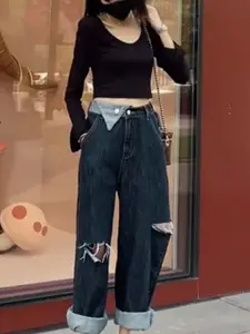 StyleCast Women Relaxed Fit High-Rise Slash Knee Cotton Jeans