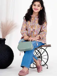 DMP FASHION Girls Floral Printed Tie-Up Neck Bell Sleeve Cotton Top