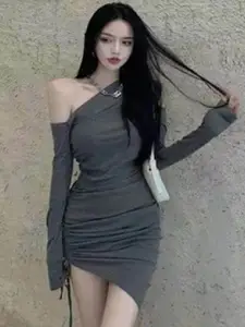 StyleCast Women One Shoulder Ruched Bodycon Mini Dress With Tie-Ups Details