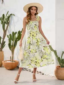 StyleCast Yellow Floral Printed Shoulder Straps Fit & Flare Midi Dress