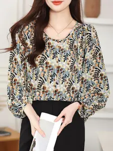 StyleCast Women Floral Printed Round Neck Puff Sleeves Shirt Style Top