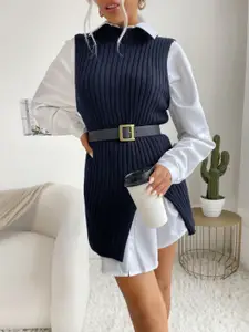 StyleCast Navy Blue Self Designed High Neck Sleeveless Pullover