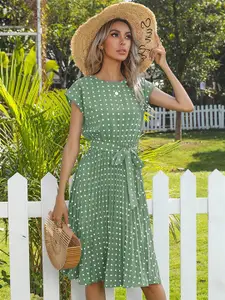 StyleCast Green Polka Dot Print Midi A-line Dress