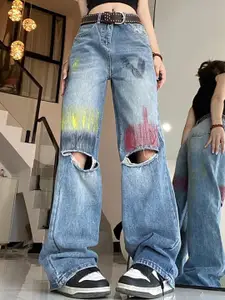 StyleCast x Revolte Women Wide Leg Light Fade Slash Knee Stretchable Jeans