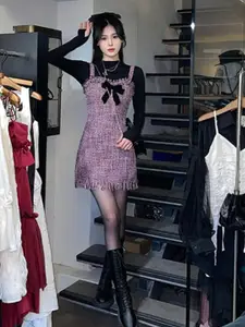 StyleCast Black & Pink Self Design Bow A-Line Mini Dress