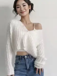 StyleCast Self Striped Long Sleeves Crop Sweater