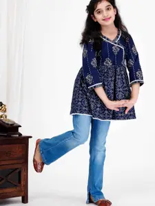 DMP FASHION Girls Floral Print Tie-Up Neck Regular Cotton Top