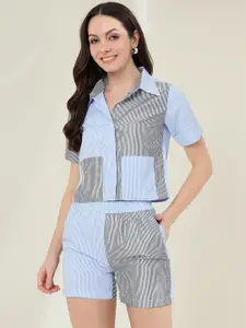 StyleStone Striped Pure Cotton Shirt Collar Shirt With Shorts Co-Ords