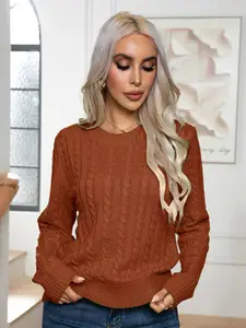 StyleCast Brown Cable Knit Acrylic Self Design Round Neck Pullover