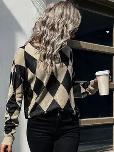 StyleCast Khaki Checked V-Neck Pullover Sweaters