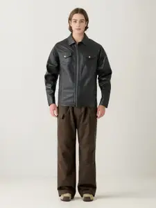 StyleCast x Revolte Men Spread Collar Solid Casual Leather Jacket