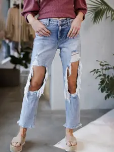 StyleCast Women Straight Fit High-Rise Highly Distressed Heavy Fade Jeans