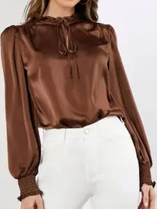 StyleCast Brown Tie-Up Neck Puff Sleeves Satin Top