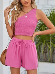 StyleCast Pink One Shoulder Sleeveless Crop Top With Shorts Co-Ords