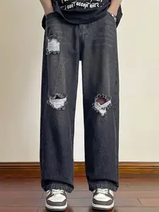 StyleCast x Revolte Men Wide Leg Slash Knee Light Fade Jeans