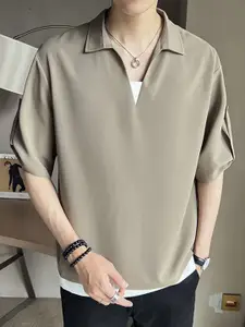 StyleCast Men Beige Polo Collar T-shirt with Roll-Up Sleeves