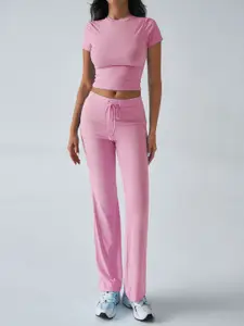 StyleCast Pink Round Neck Short Sleeves Crop Top With Trousers