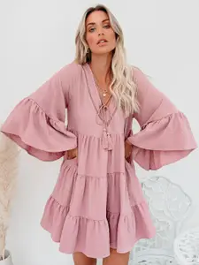 StyleCast Peach Coloured Bell Sleeve Chiffon Fit & Flare Dress