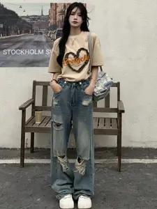 StyleCast Women Mid-Rise Relaxed Fit Highly Distressed Light Fade Jeans