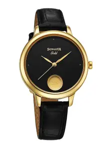 Sonata Gold Quartz Women Brass Dial & Leather Straps Analogue Watch 8190YL01