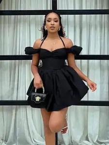 StyleCast x Revolte Halter Neck Cold-Shoulder Sleeves Fit & Flare Dress