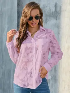 StyleCast Lavender Floral Self Design Cuffed Sleeves Chiffon Shirt Style Top