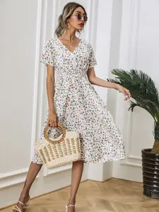 StyleCast White Floral Printed V-Neck Smocked A-Line Dress