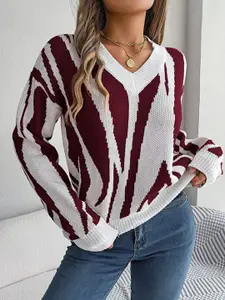 StyleCast Maroon Abstract Printed V-Neck Long Sleeves Acrylic Pullover Sweater