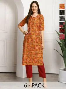 7Threads Women Pack Of 6 Ethnic Motifs Printed Daily Straight Kurtas