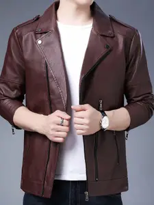 StyleCast x Revolte Men Lapel Collar Solid Casual Leather Jacket