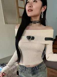 StyleCast Women Self Design Off-Shoulder Woollen Bardot Crop Sweater