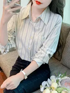 StyleCast Women Spread Collar Vertical Striped Casual Shirt
