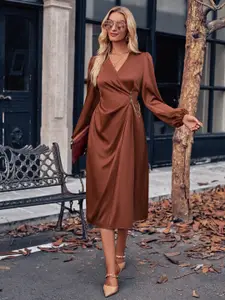 StyleCast Brown V-Neck Puff Sleeve Wrap Dress