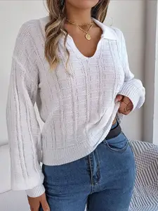 StyleCast White Self Design Long Sleeves Acrylic Pullover
