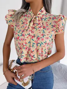 all about you Floral Print Tie-Up Neck Flutter Sleeve Top